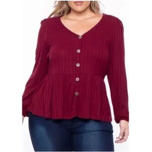 CURVY SENSE Ribbed Long Sleeve Peplum Blouse Top Red Size 4X Button Detail NEW
